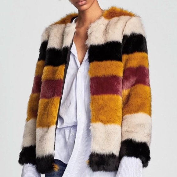 Zara Basic Outerwear Faux Fur Gold, Grey, Black & Wine Striped Jacket - Picture 3 of 17